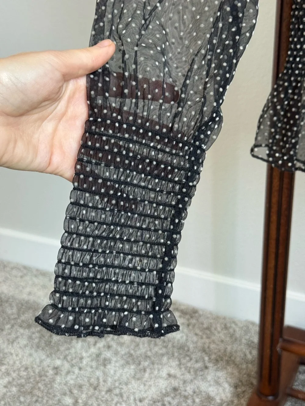 Zara Sheer Polka Dot Mesh Blouse Black Sheer Top Smocked Waist Size S